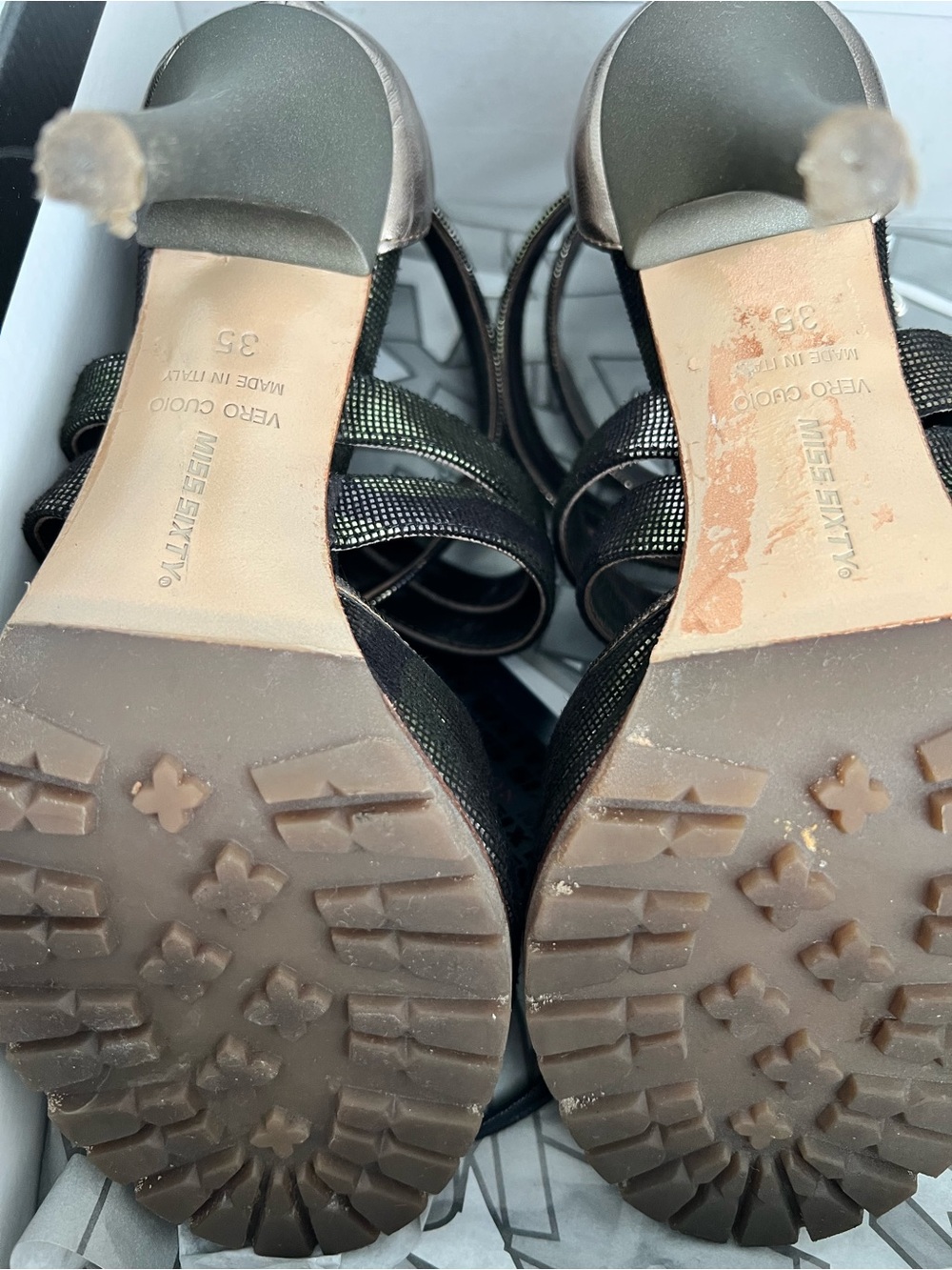 Miss Sixty Iridescent Black Strappy High Heel Sandals with Brown Accents - Picture 14 of 16